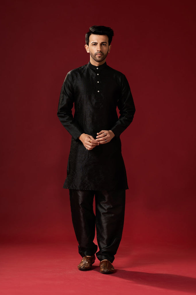 Men's Black Color Indian Traditional Wear Tunic Cotton Kurta Pajama Set