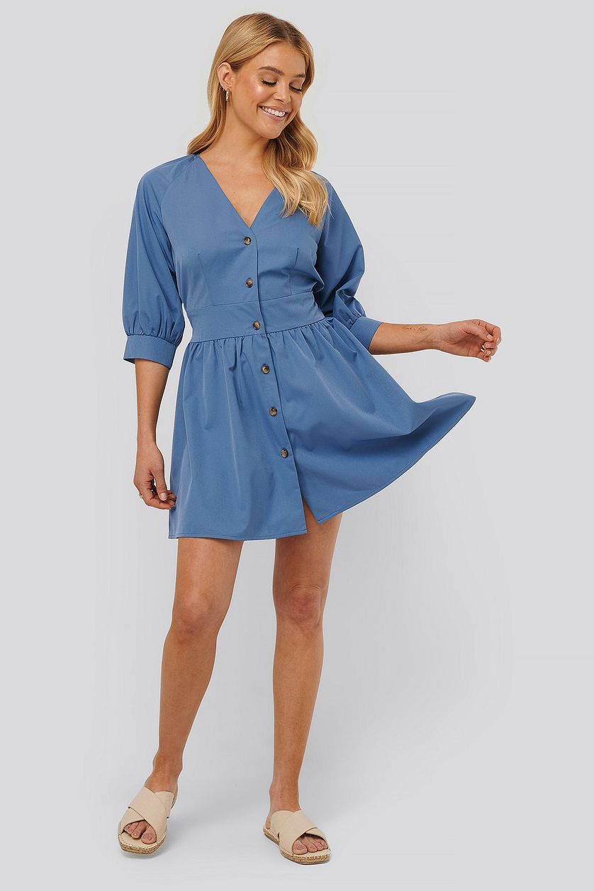 Blue Balloon Sleeve Belted Mini Dress