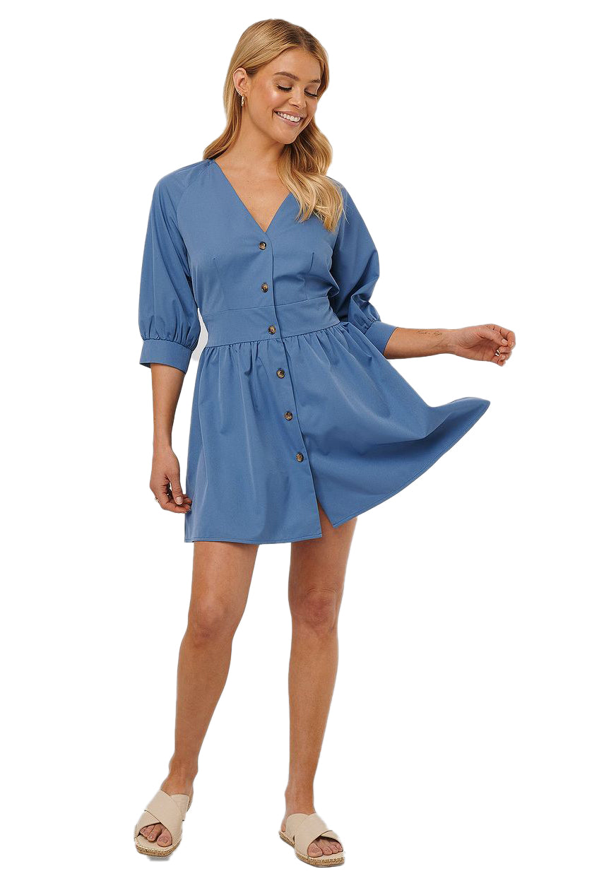 Blue Balloon Sleeve Belted Mini Dress