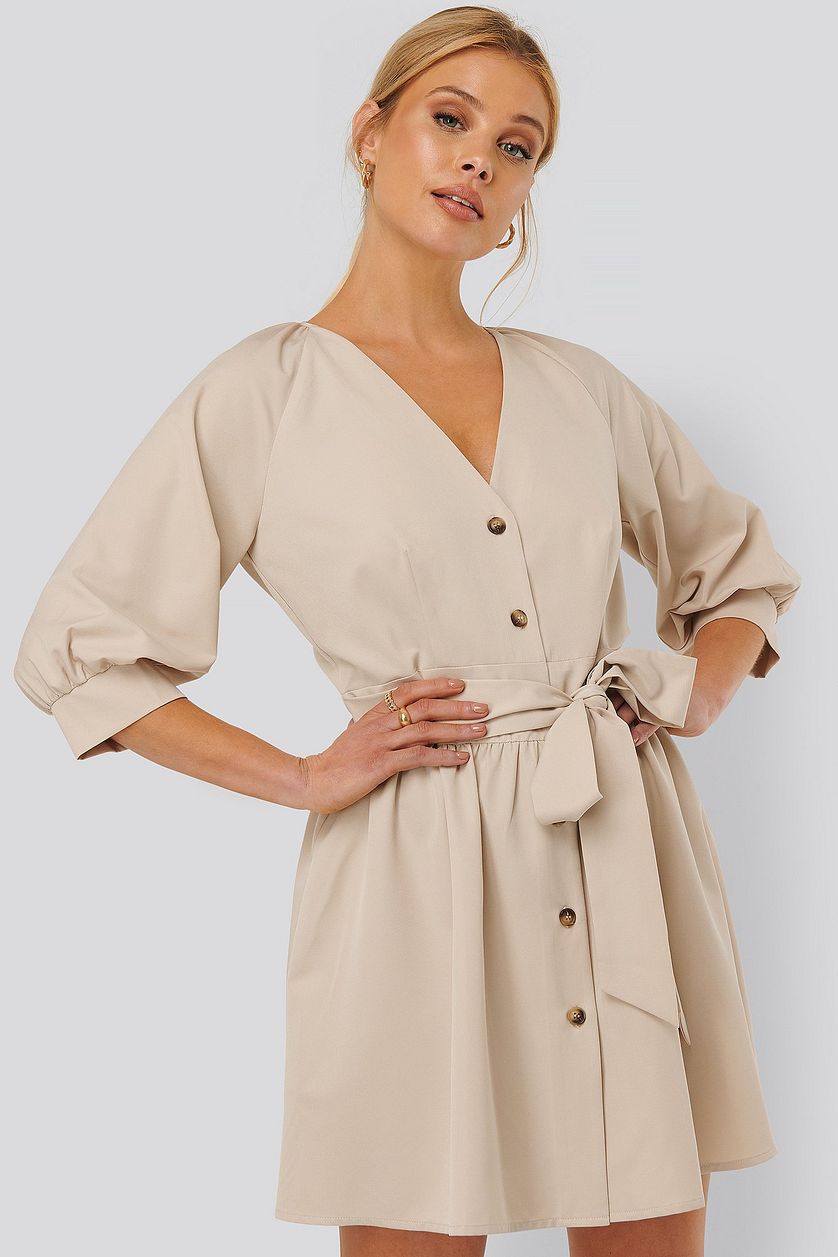 Beige Balloon Sleeve Belted Mini Dress ElinaFashion.com Beige Balloon Sleeve Belted Mini Dress ElinaFashion.com