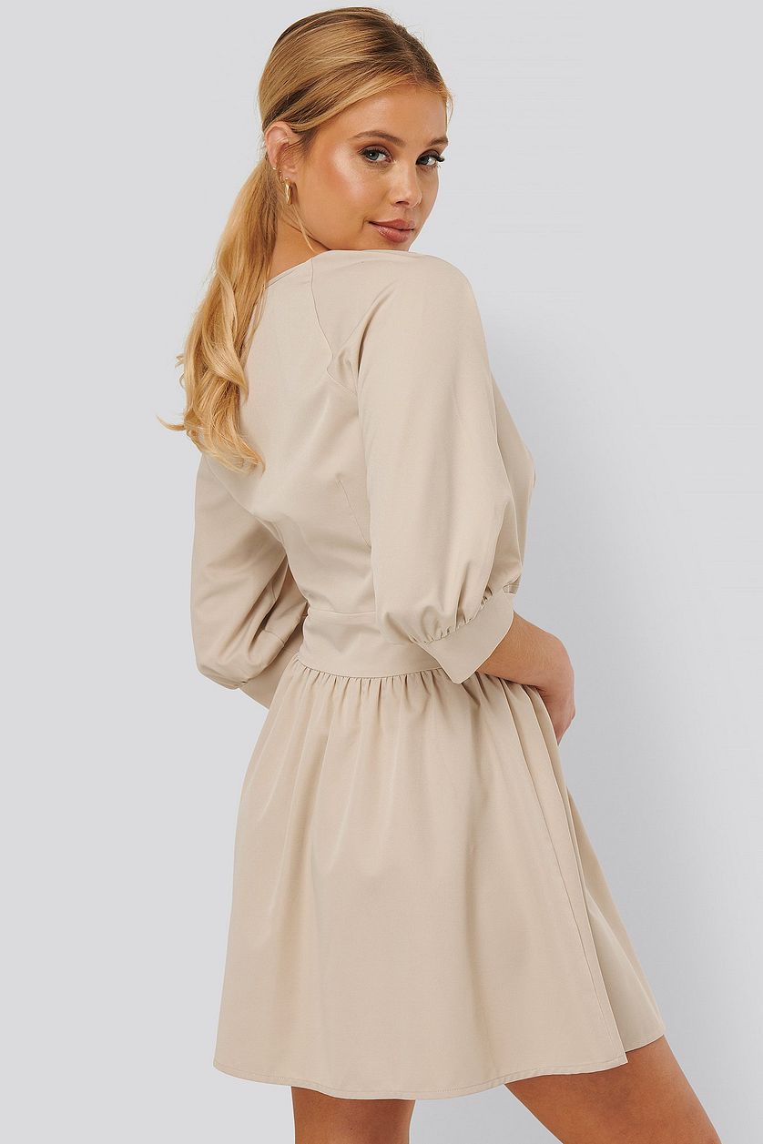 Beige Balloon Sleeve Belted Mini Dress