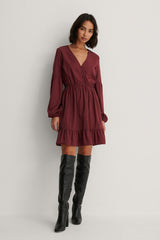 Maroon Balloon Sleeve Mini Dress