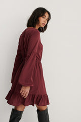 Maroon Balloon Sleeve Mini Dress