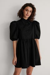 Black Pointy Collar Puff Sleeve Dress