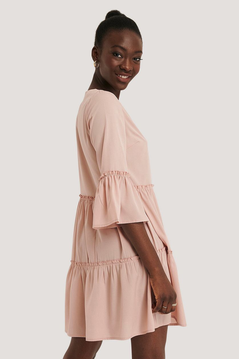 Light Pink V Neck Ruffle Dress