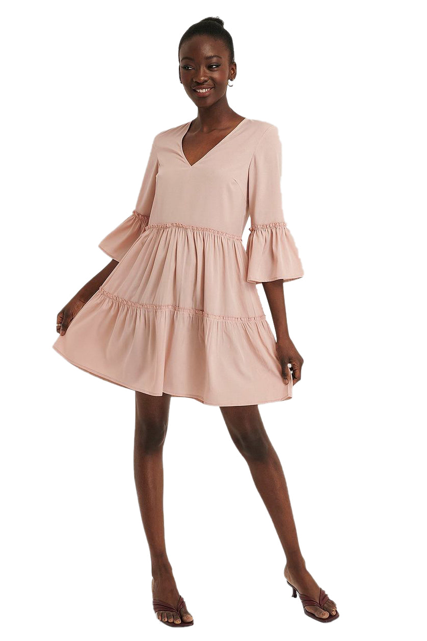 Light Pink V Neck Ruffle Dress