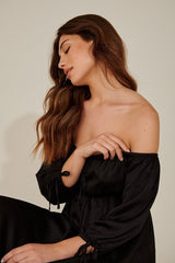 Black pamela off shoulder recycled mini dress