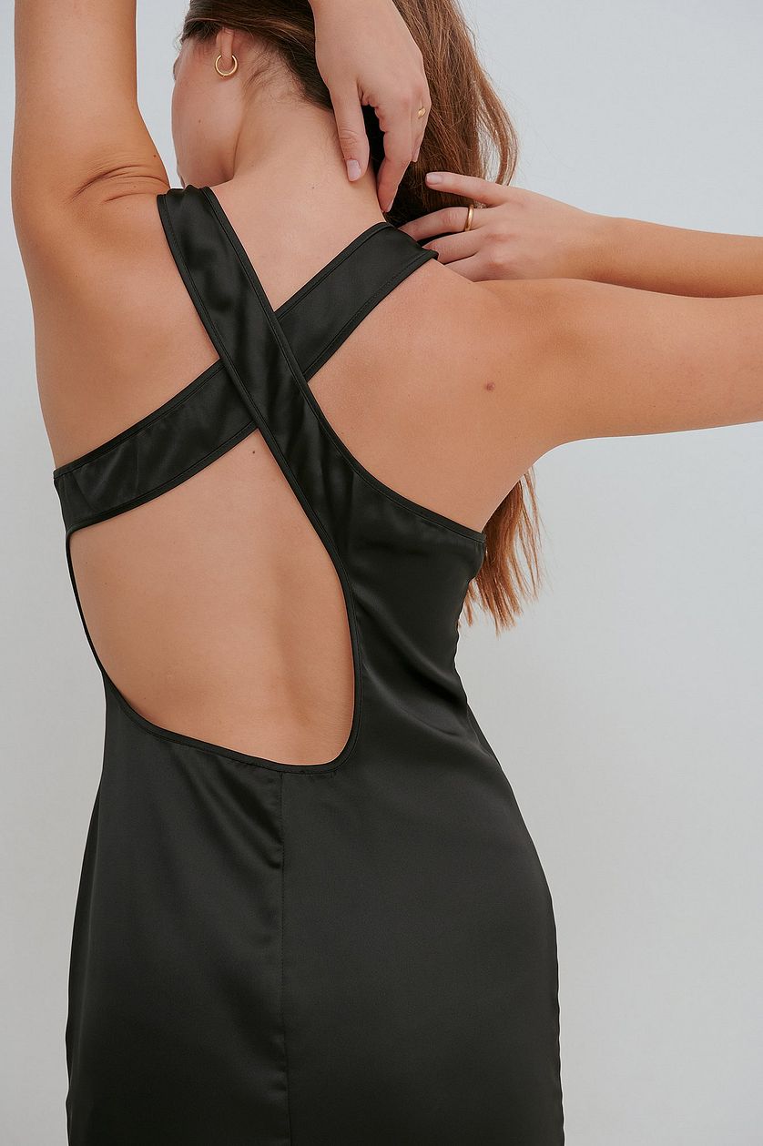 Black Satin Josefin Open Back Mini Dress