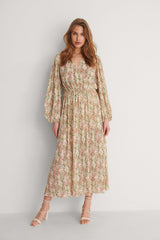 Green Chiffon Balloon Sleeve Overlap Structured Dress