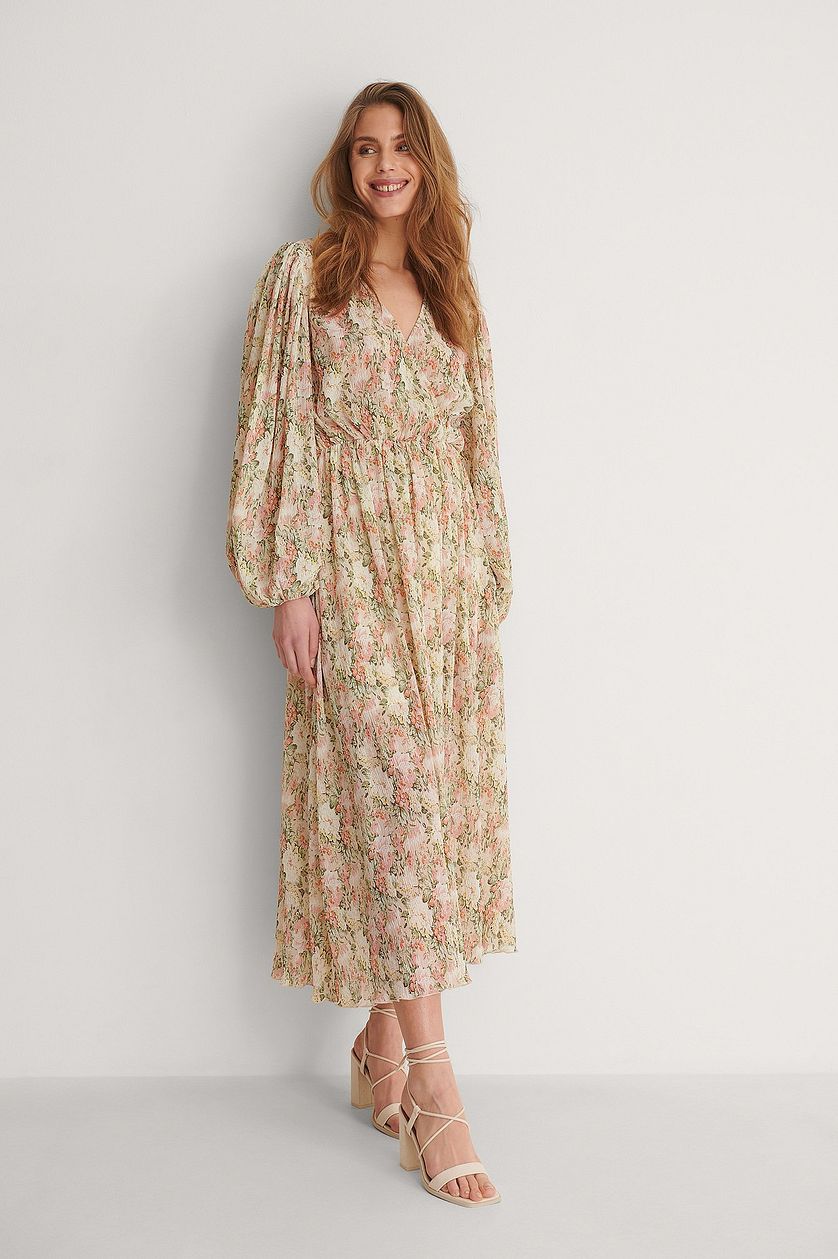 Green Chiffon Balloon Sleeve Overlap Structured Dress