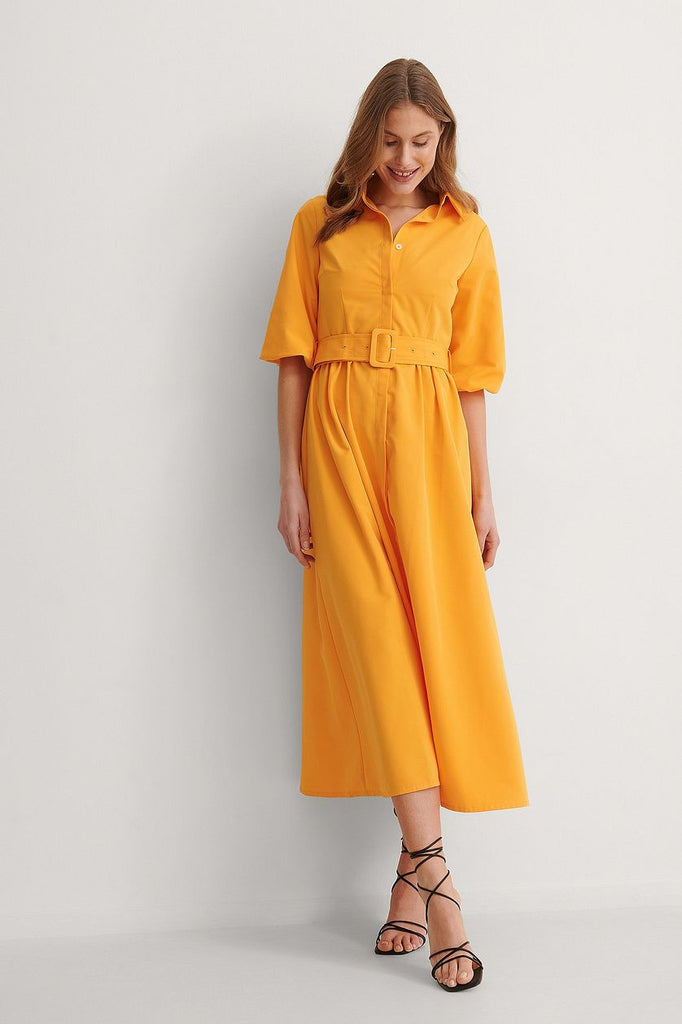 Mustard Yellow Belted Long Sleeve Maxi Dress