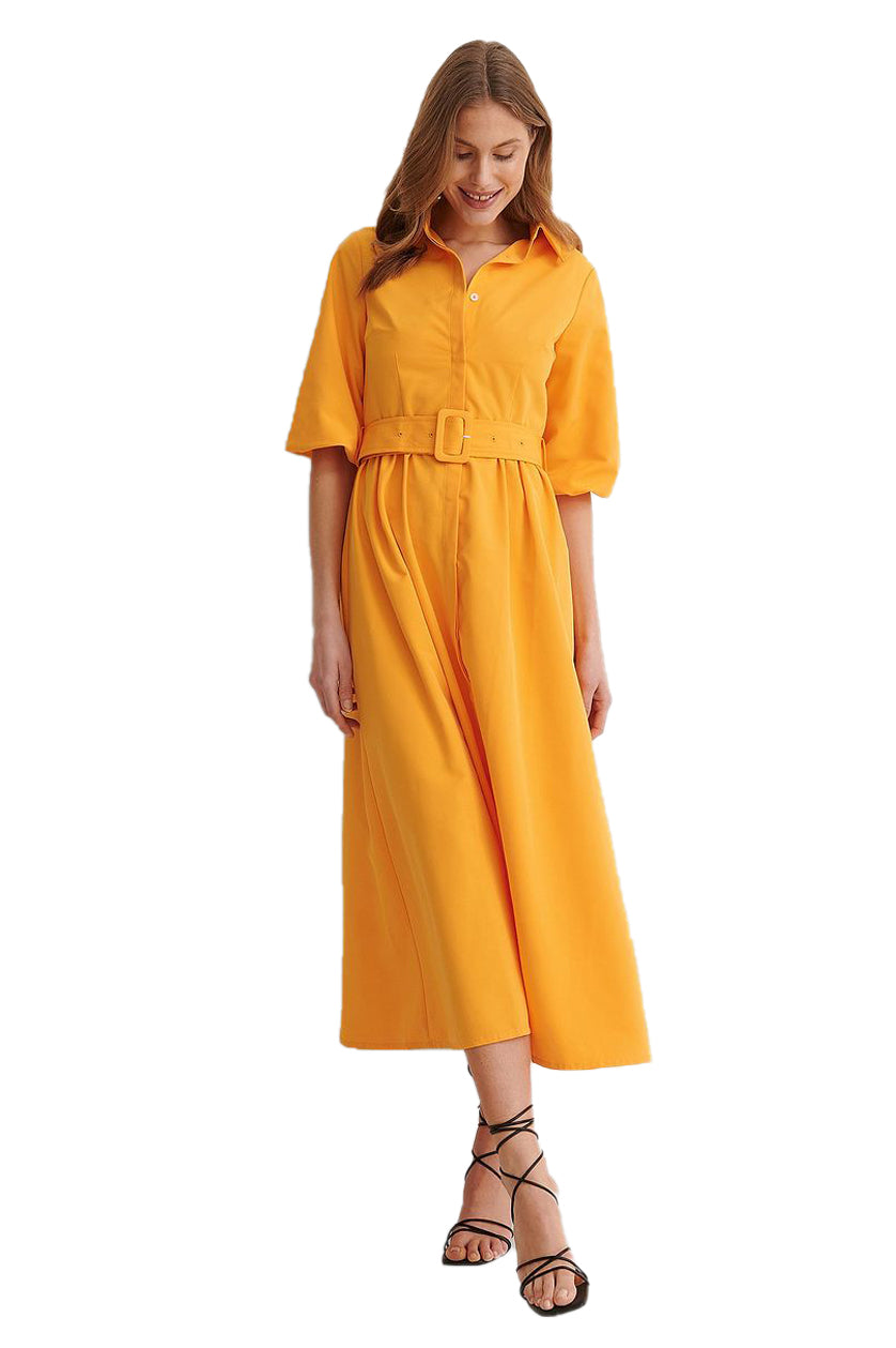 Mustard Yellow Belted Long Sleeve Maxi Dress