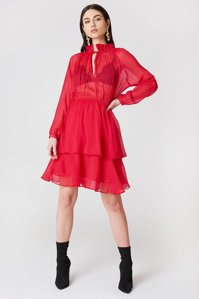 Red Chiffon High Frill Neck Dress