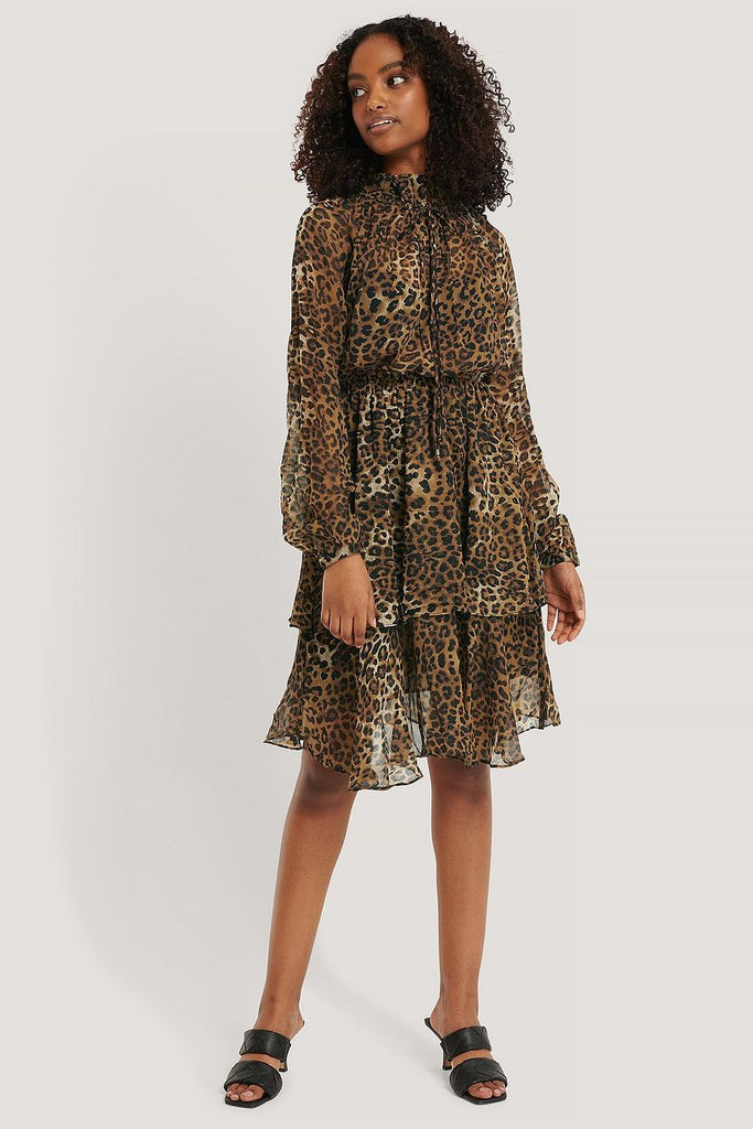 Leopard Polyester High Frill Neck Dress