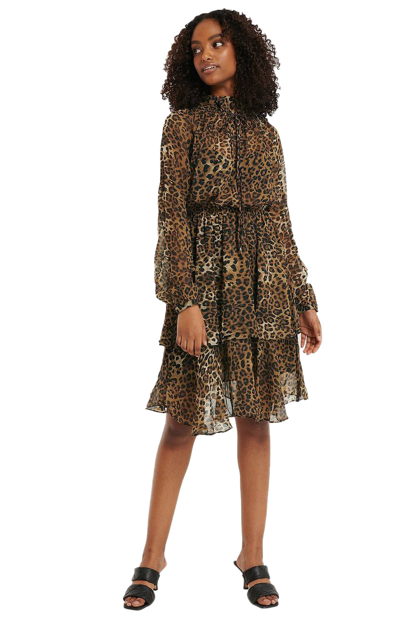 Leopard Polyester High Frill Neck Dress