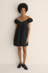 Black Off Shoulder Mini Cotton Dress