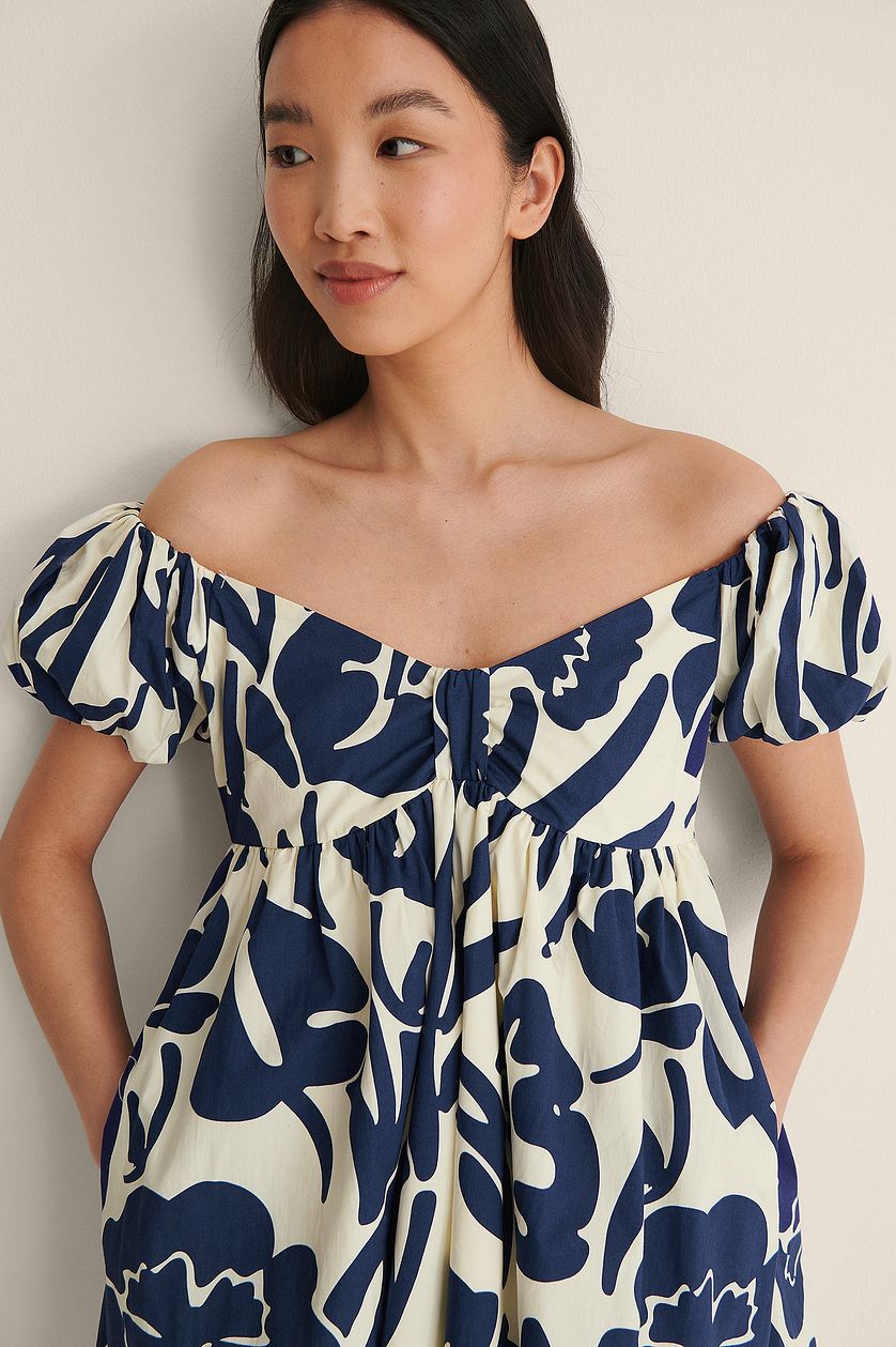 Blue Off Shoulder Mini Cotton Dress