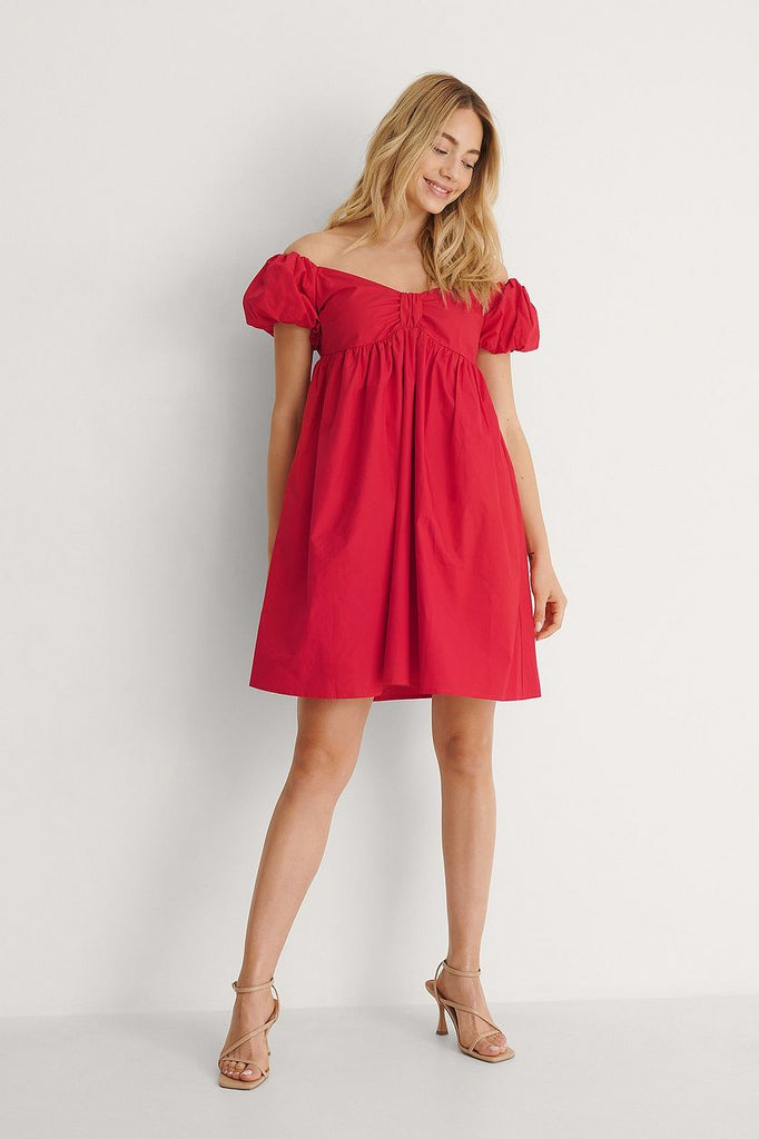 Red Off Shoulder Mini Cotton Dress
