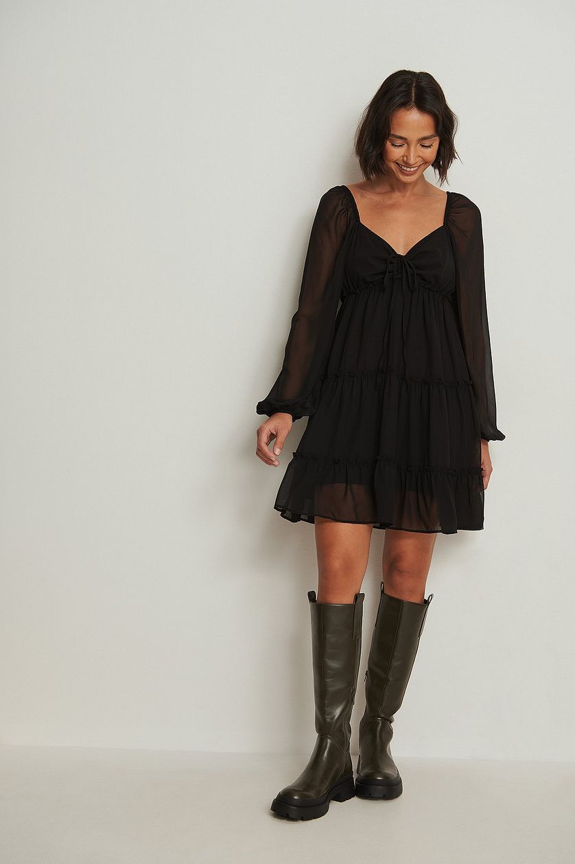 Black Pleated Frill Mini Dress