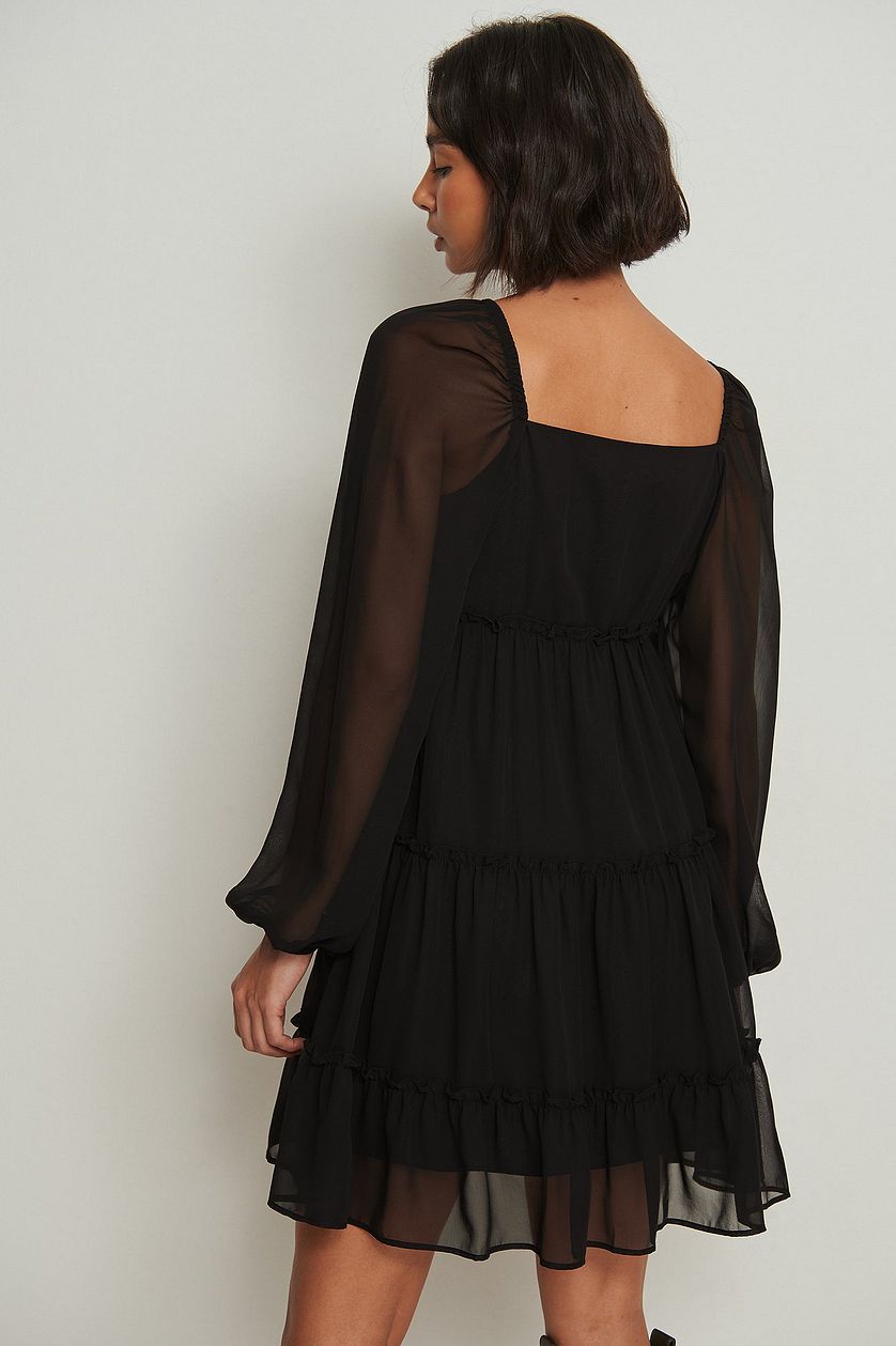 Black Pleated Frill Mini Dress