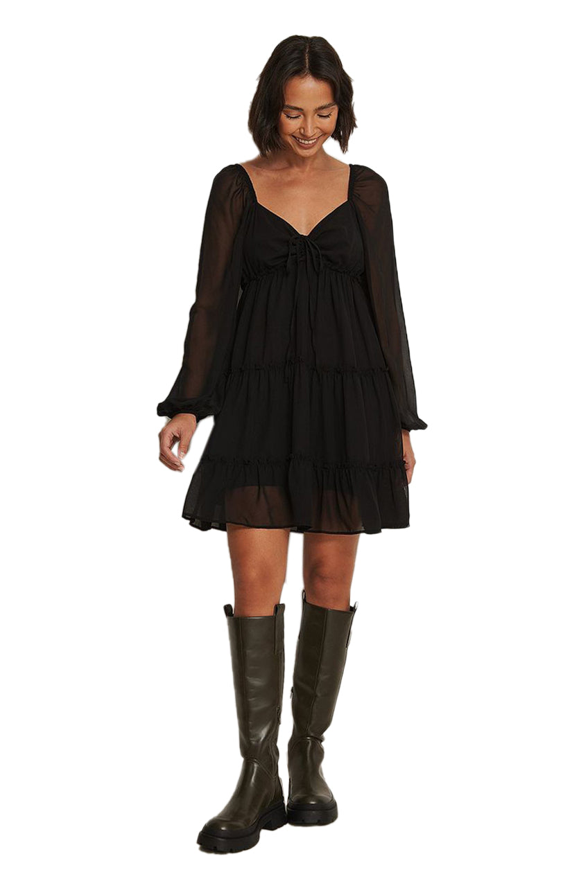 Black Pleated Frill Mini Dress