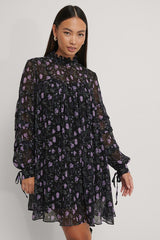 Black Purple Georgette V-Neck A-Line Flowy Dress