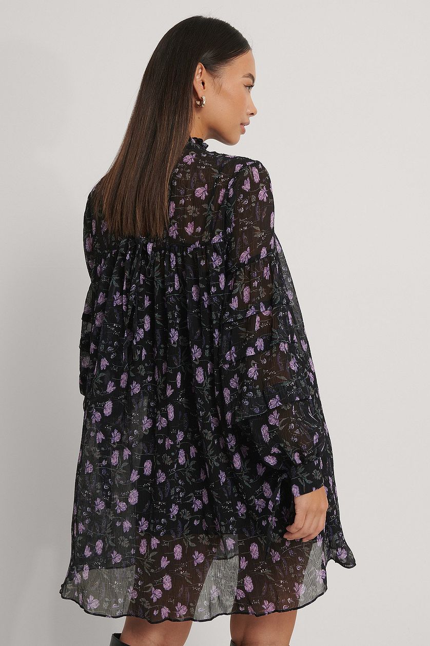 Black Purple Georgette V-Neck A-Line Flowy Dress