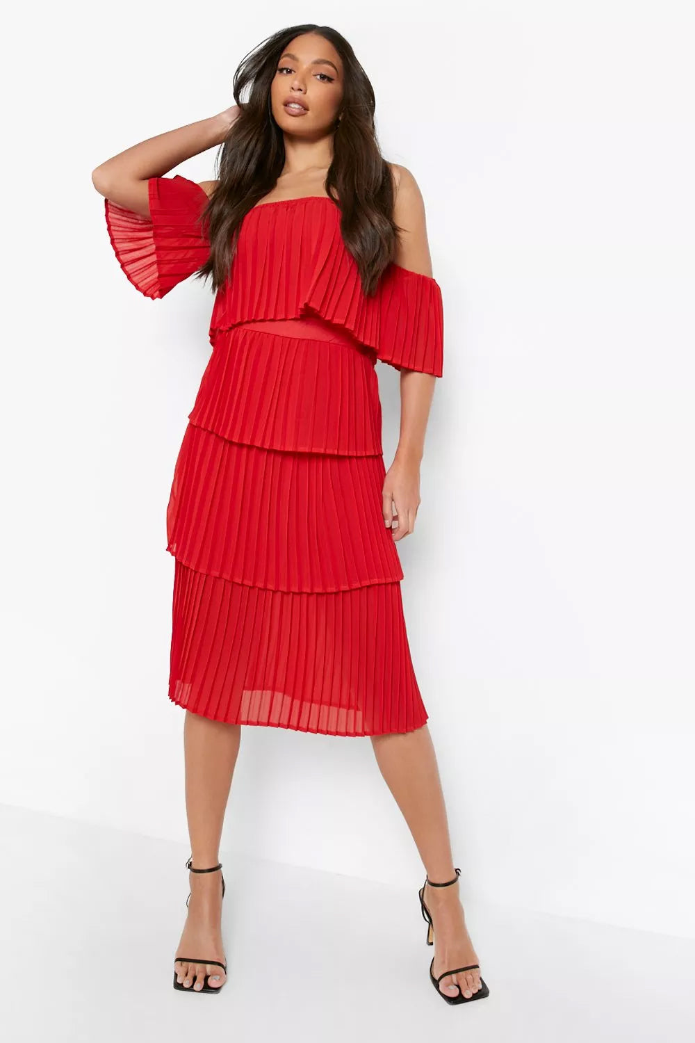 Robe longue plissée à épaules dénudées pour femme, couleur corail cuit 