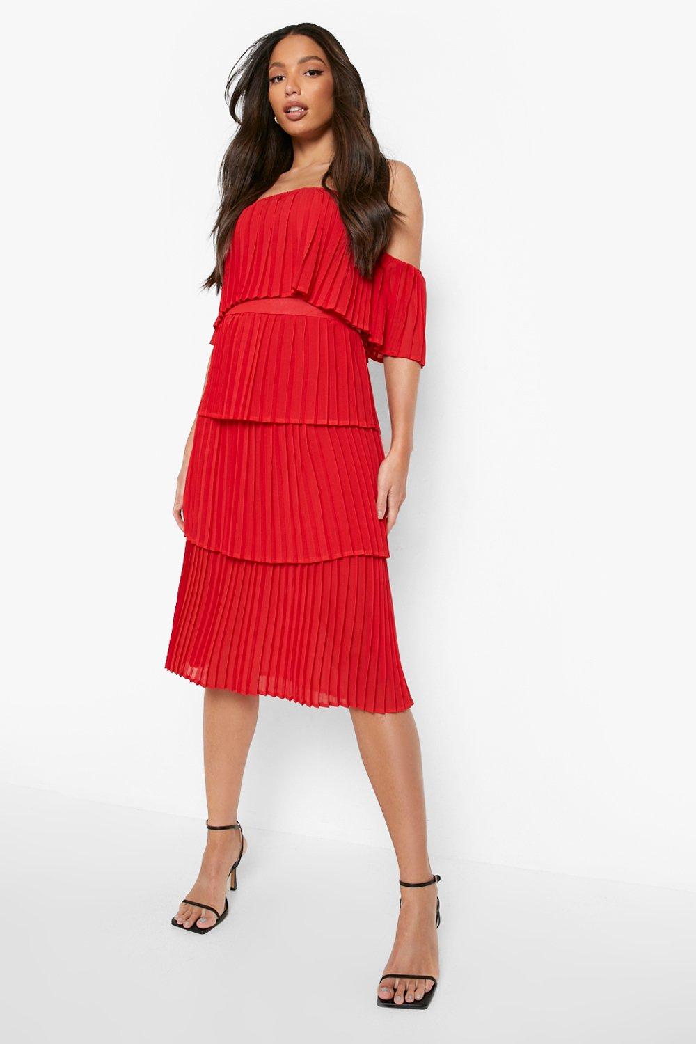 Female Baked Coral Tall Pleated Off Shoulder Occasion Dress