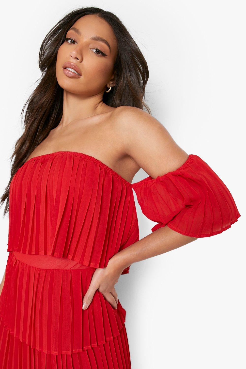 Robe longue plissée à épaules dénudées pour femme, couleur corail cuit 