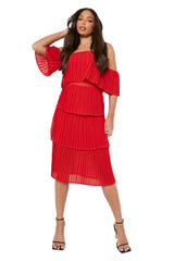 Female Baked Coral Tall Pleated Off Shoulder Occasion Dress