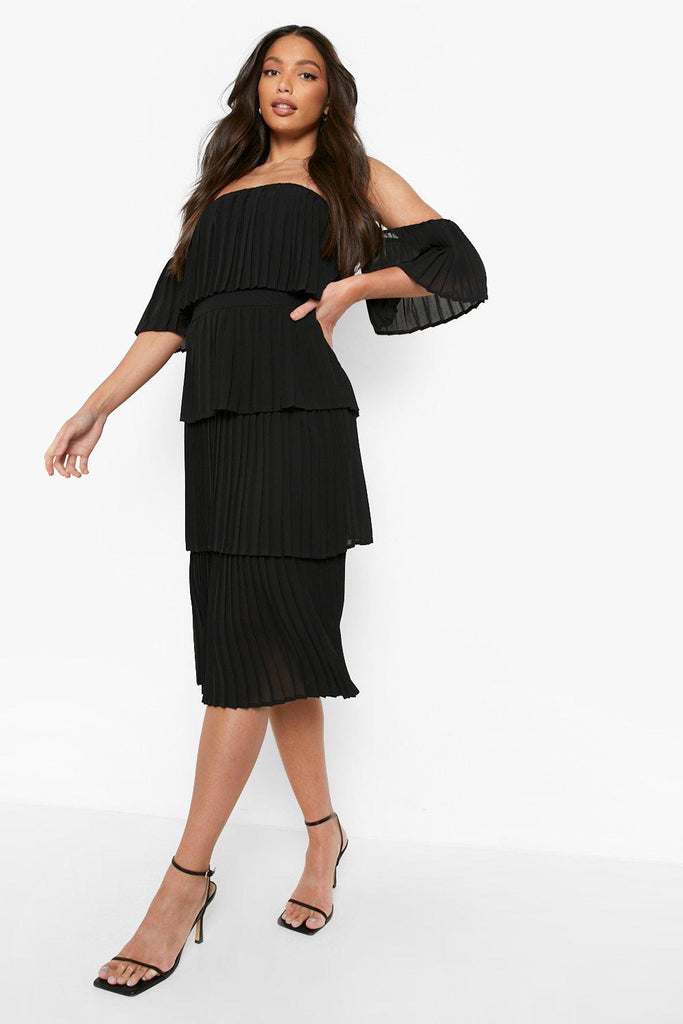 Female Black Tall Pleated Off Shoulder Occasion Dress