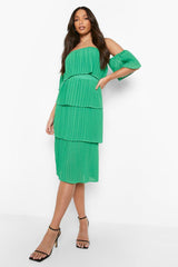 Female Green Tall Pleated Off Shoulder Occasion Dress