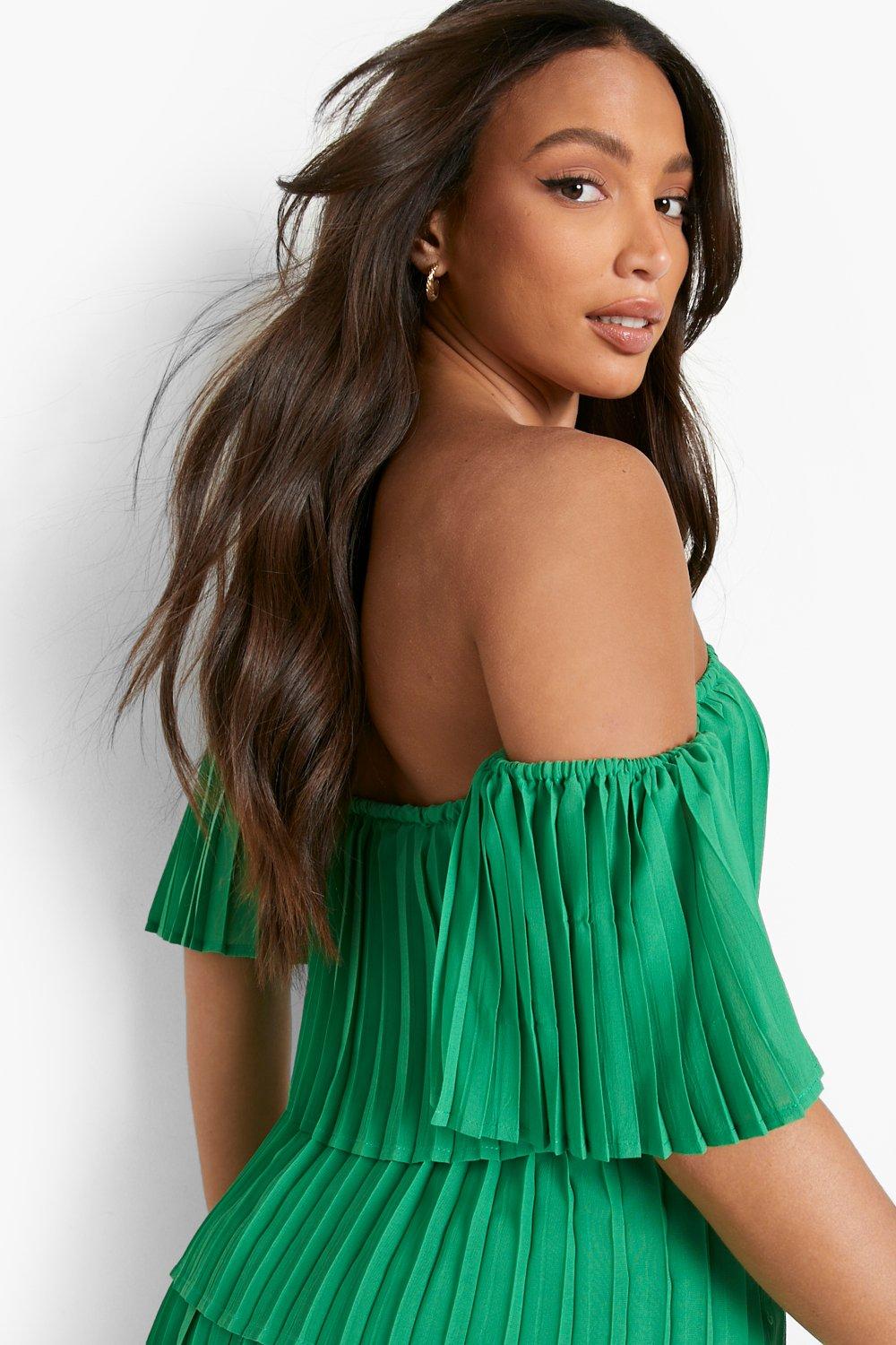 Female Green Tall Pleated Off Shoulder Occasion Dress