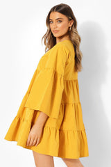 Female Mustard V Neck Tired Smock Dress