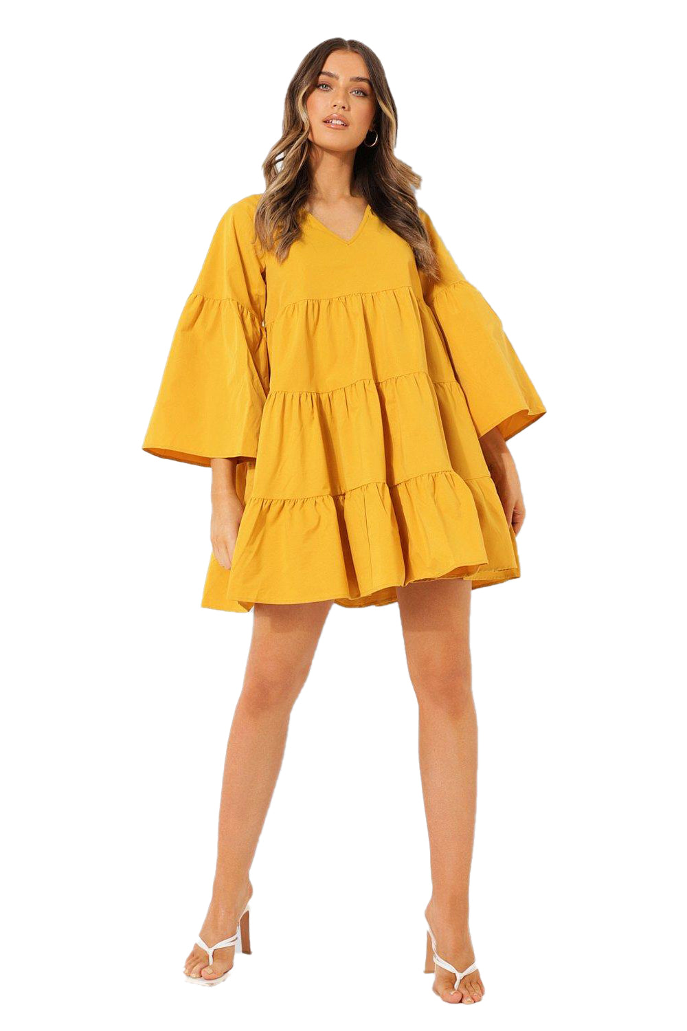 Female Mustard V Neck Tired Smock Dress Medium-36 Female Mustard V Neck Tired Smock Dress Medium-36
