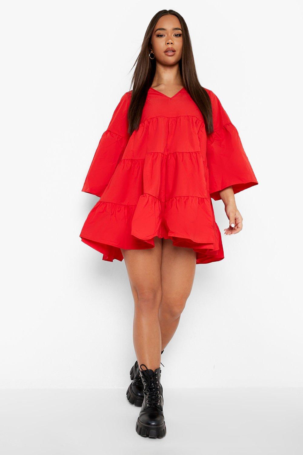 Female Red V Neck Tired Smock Dress