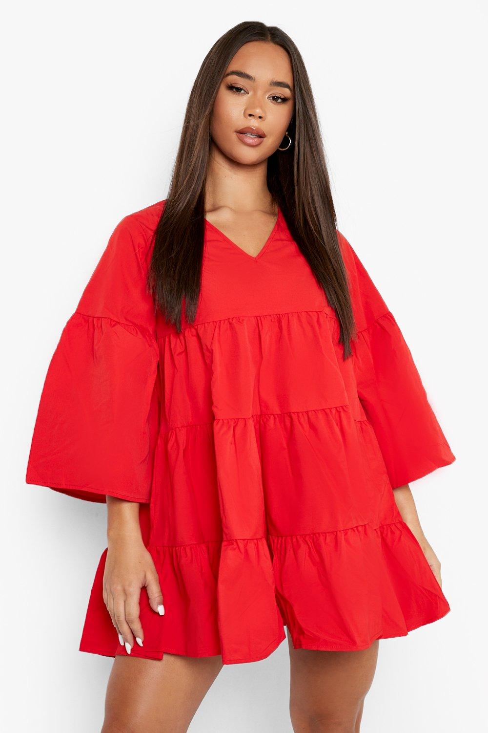 Female Red V Neck Tired Smock Dress