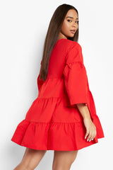 Female Red V Neck Tired Smock Dress