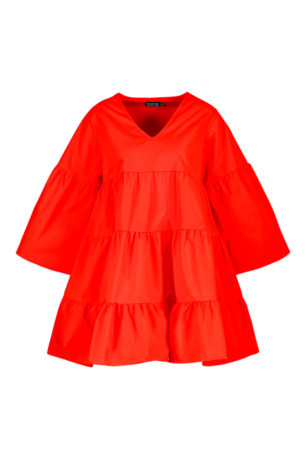 Female Red V Neck Tired Smock Dress