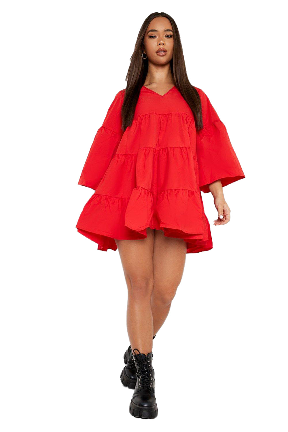 Female Red V Neck Tired Smock Dress