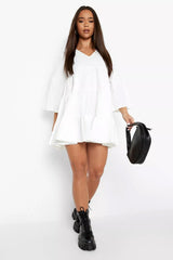 Female White V Neck Tired Smock Dress