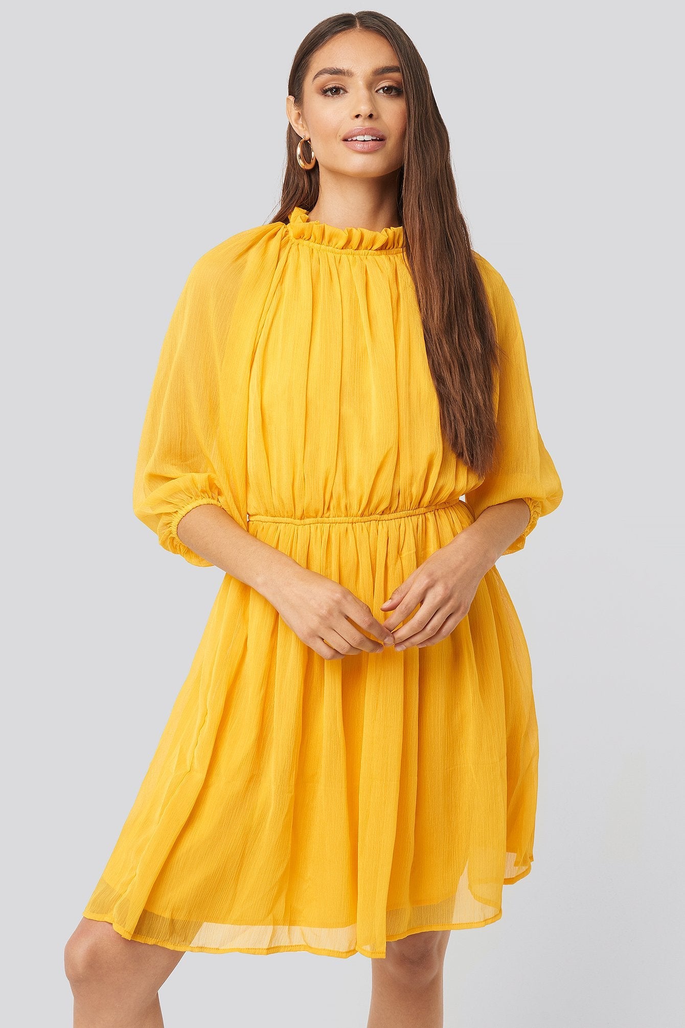 High Neck Elastic Waist Puff Dress