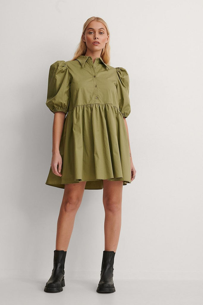 Olive Green Pointy Collar Puff Sleeve Dress