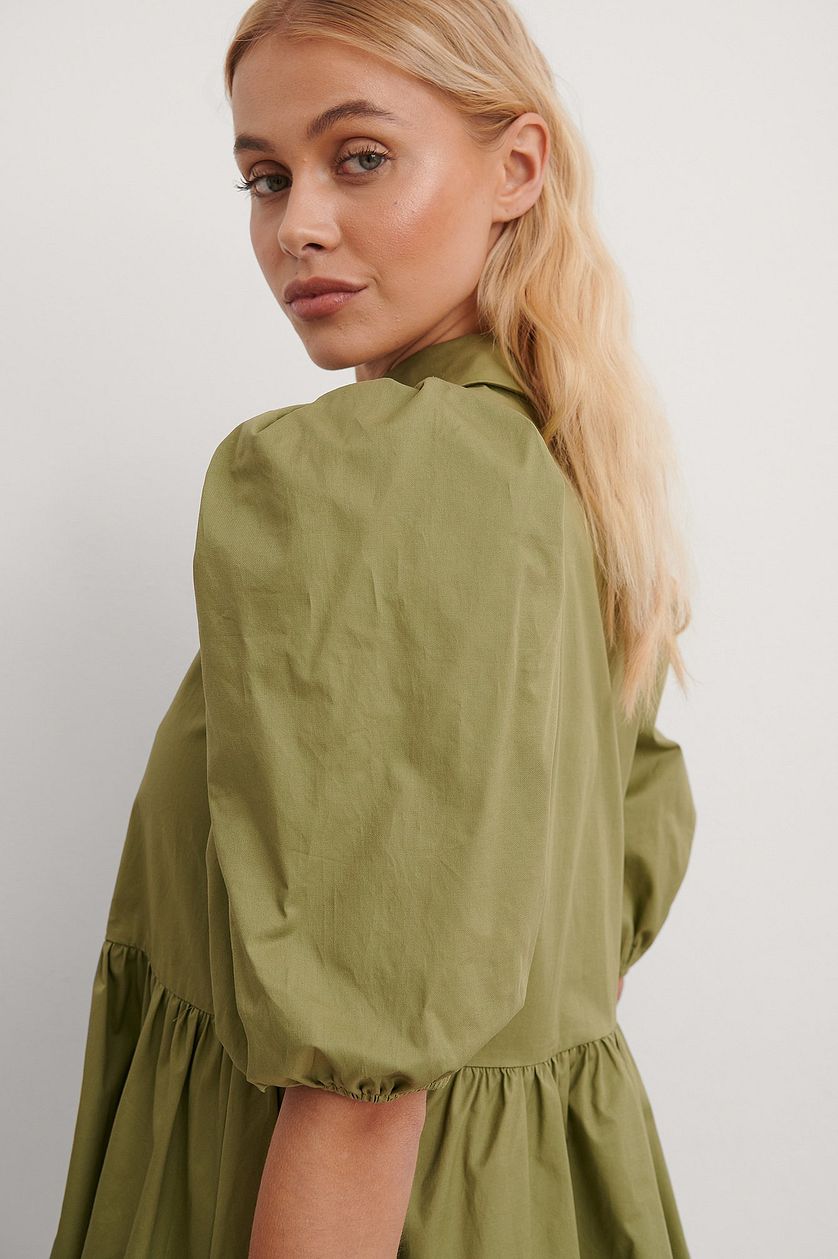 Olive Green Pointy Collar Puff Sleeve Dress