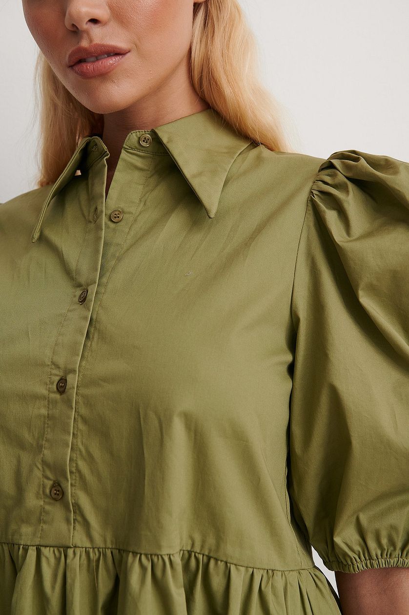 Olive Green Pointy Collar Puff Sleeve Dress