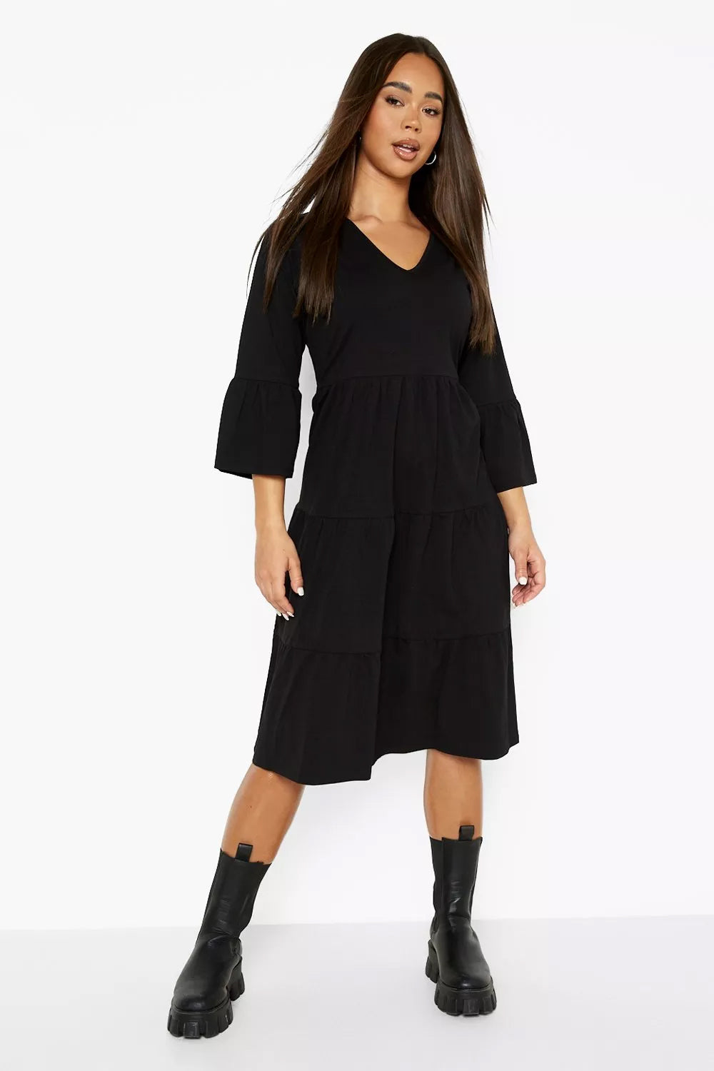 Female Black Flared Sleeve Midi Smock Dress