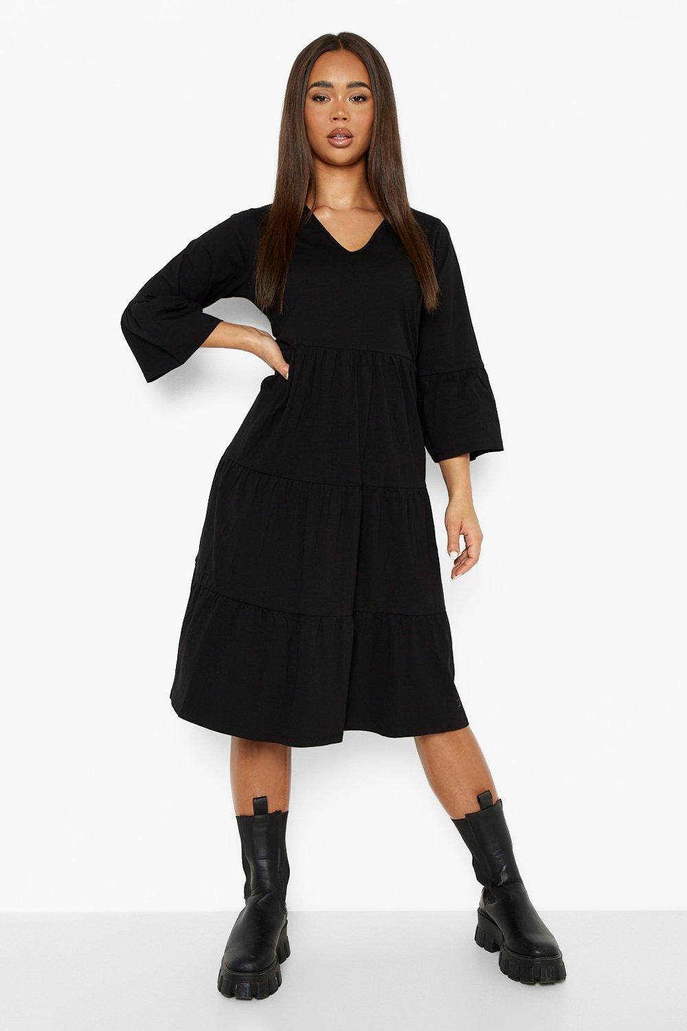 Female Black Flared Sleeve Midi Smock Dress