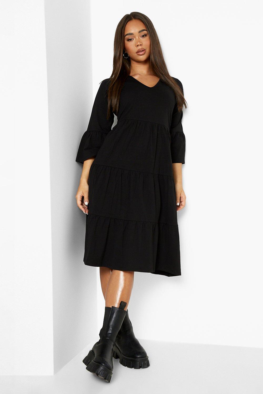 Female Black Flared Sleeve Midi Smock Dress