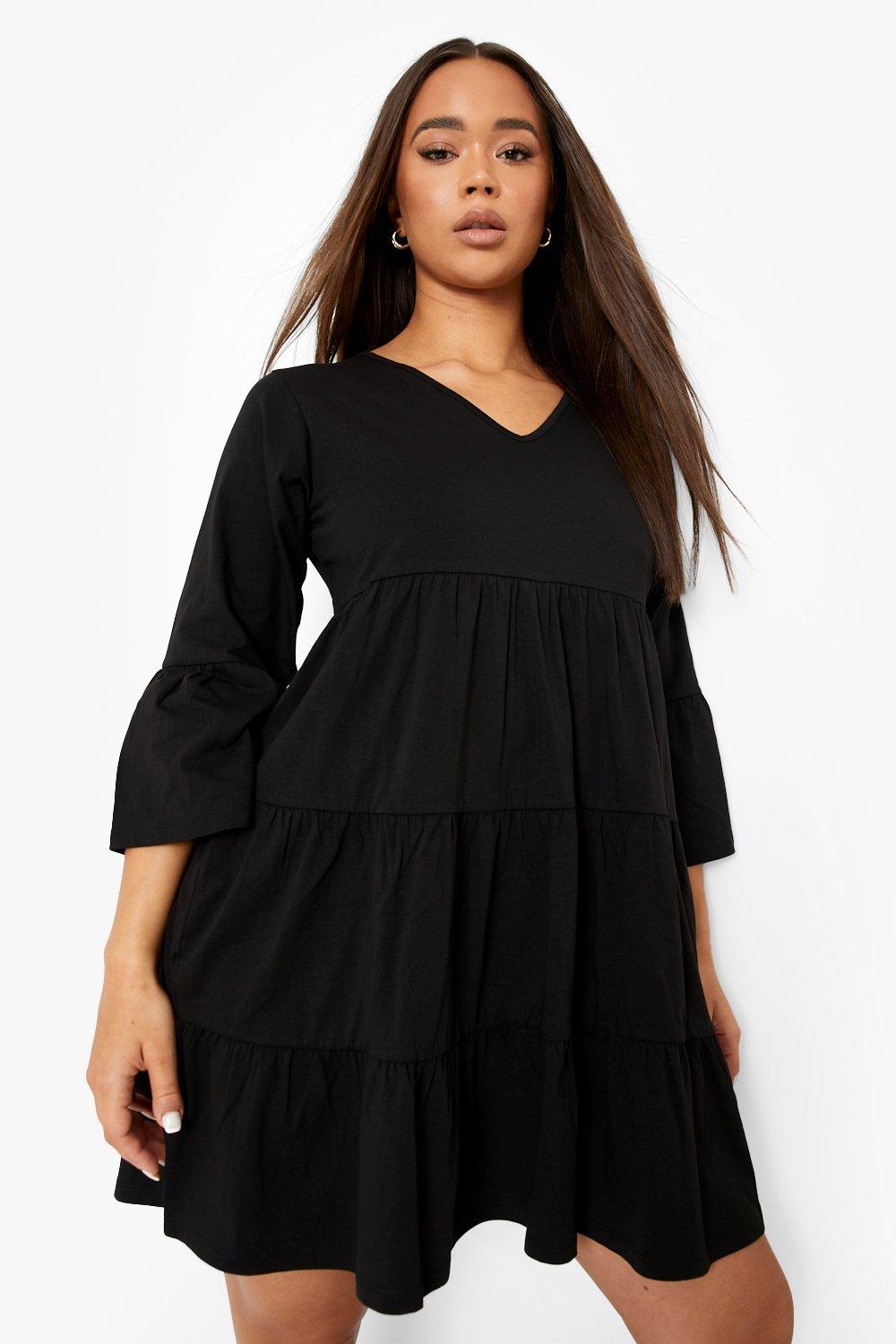 Female Black Flared Sleeve Midi Smock Dress